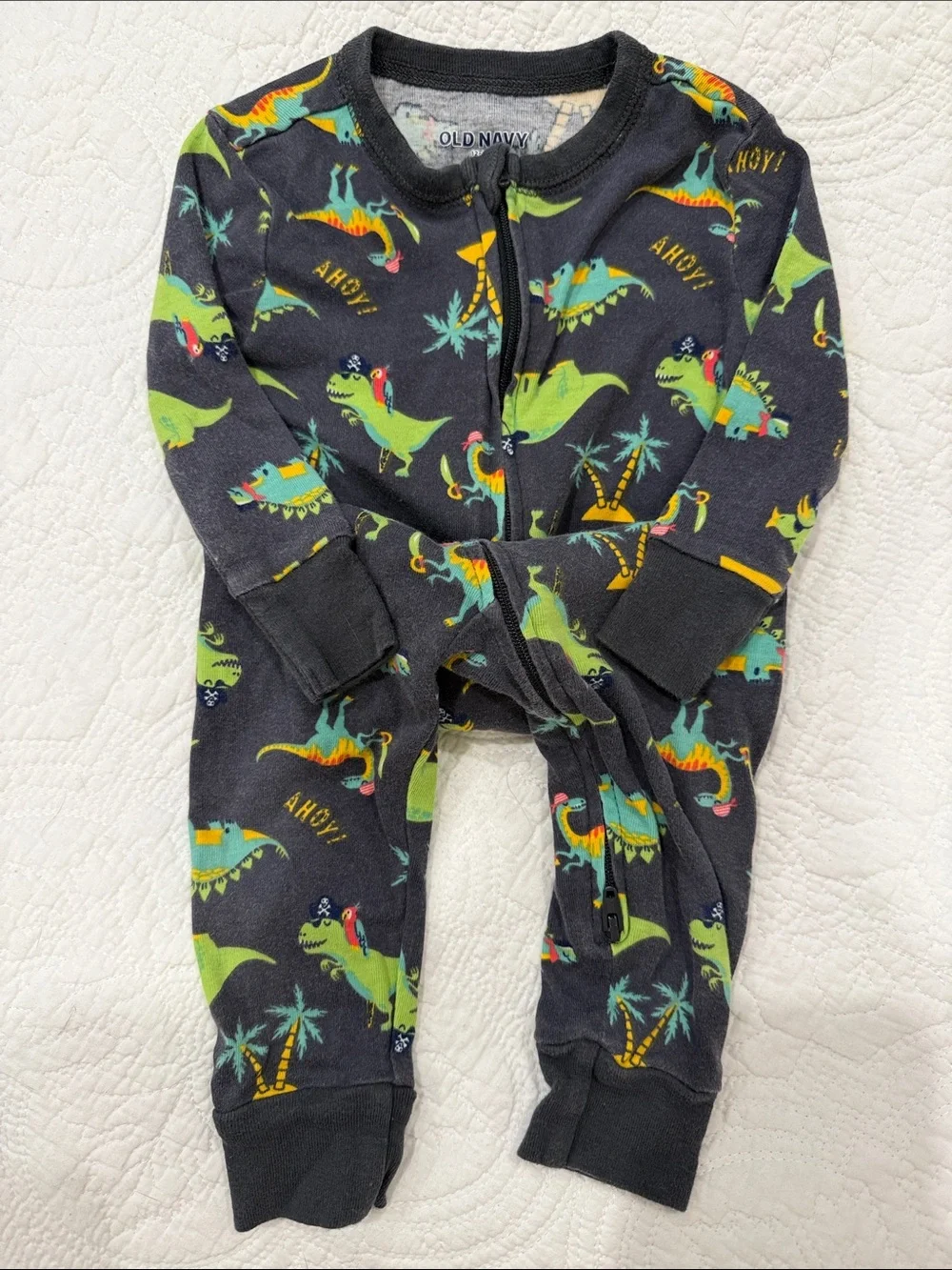 Old Navy Charcoal Gray Dino Zip-Front One-Piece with Green Dinosaurs